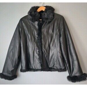 Clifford & Wills Black Genuine Leather Faux Fur Lined Vintage Coat Womens 10